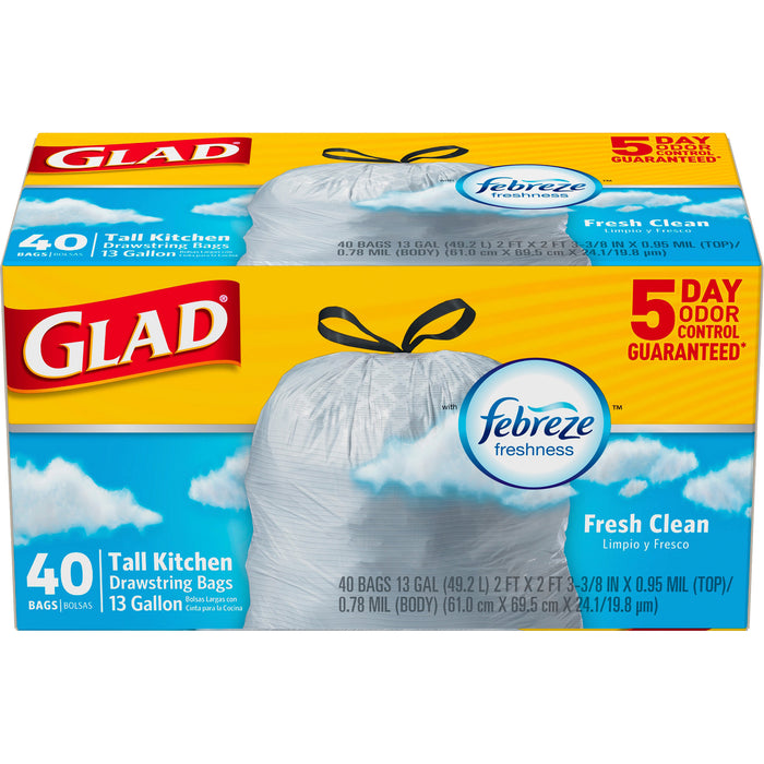 Clorox Glad ForceFlex Tall Kitchen Drawstring Trash Bags, Fresh Clean, 13  gal, 24 x 27.38 Length x 1.05 mil (27 Micron) Thickness, White, 40/Box,  Kitchen, CLO78361